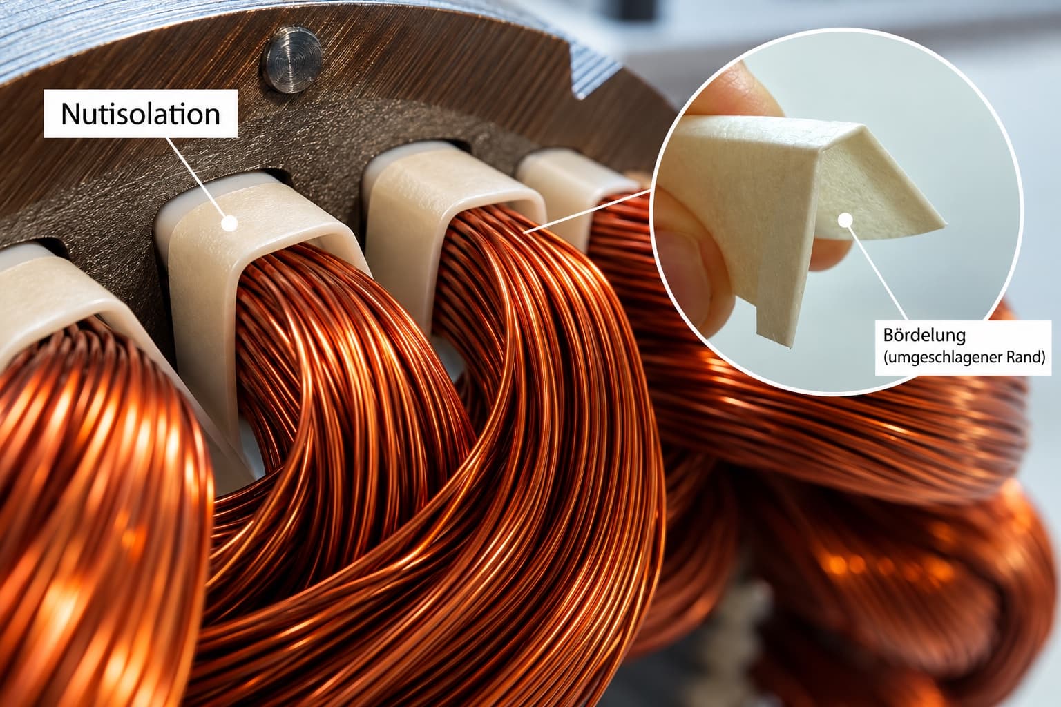 Stator with round wire winding, slot liners protruding from the slots, inset showing the folded cuff